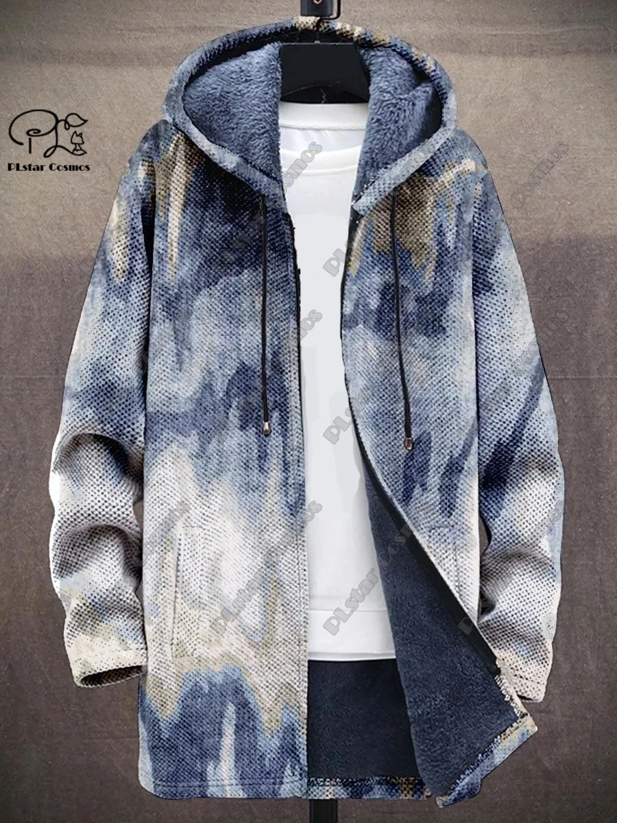 Neue 3D-Druck Retro abstrakte Kunst mehrfarbige Winter Kapuze Reiß verschluss Mantel Männer Frauen Fleece universelle lässige warme Jacke D-11