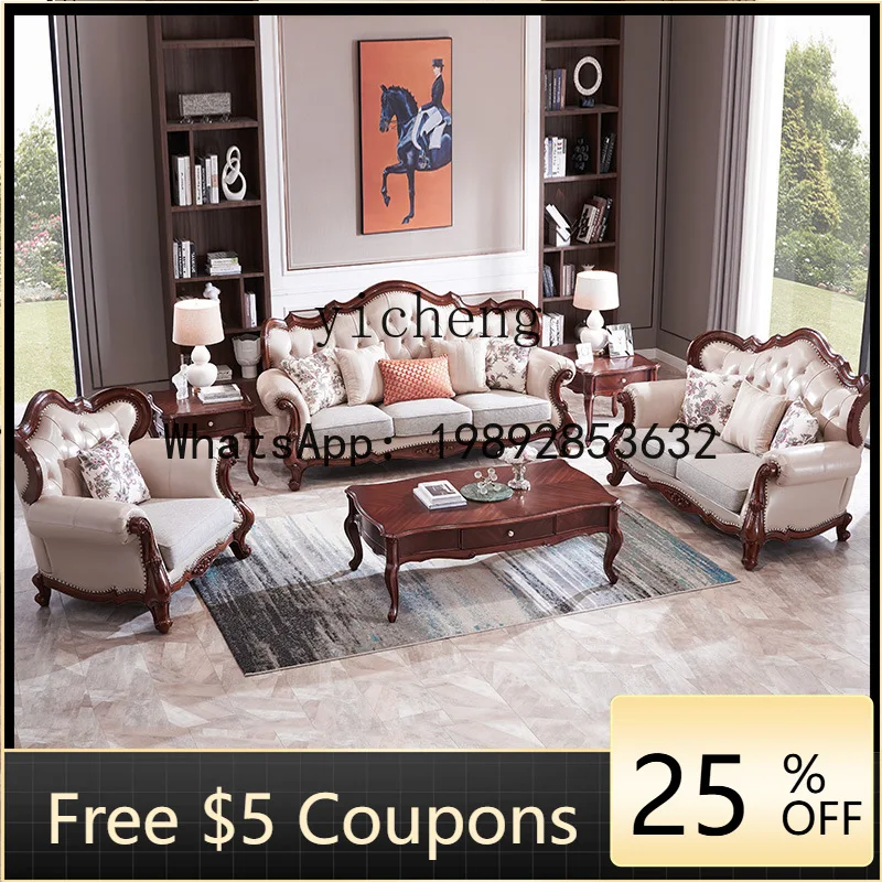 

YFY American Style Living Room Solid Wood Genuine Leather Sofa European Style Fabric Sofa Set for Large Villas