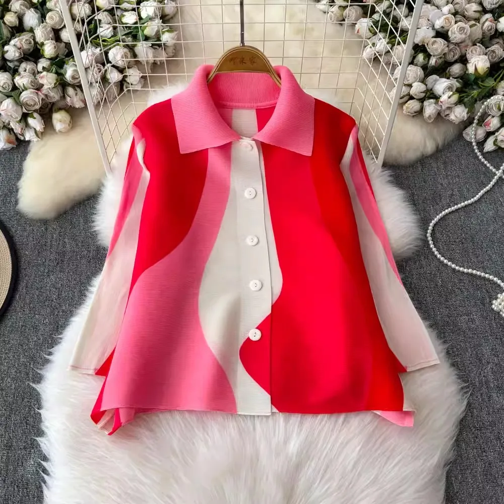 Miyake Pleated Colorblock Short Tops Women's Turn Down Neck High Stretch Korean Fashion Single Breasted Large Size Blouse Shirts