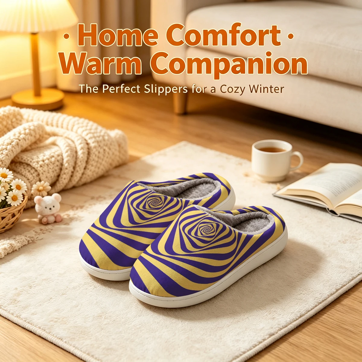 Purple-Yellow Spiral Christmas White Slippers Warm Plush Indoor Shoes Non-Slip Winter Slippers Family Holiday Gifts Soft view 3