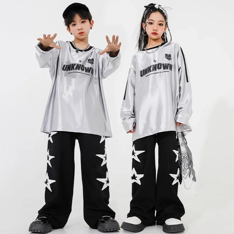 

Kid Hip Hop Clothing Silver Letter Sweatshirt Vest Tops Black Casual Cargo Pants Jeans for Girl Boy Jazz Dance Costume Clothes