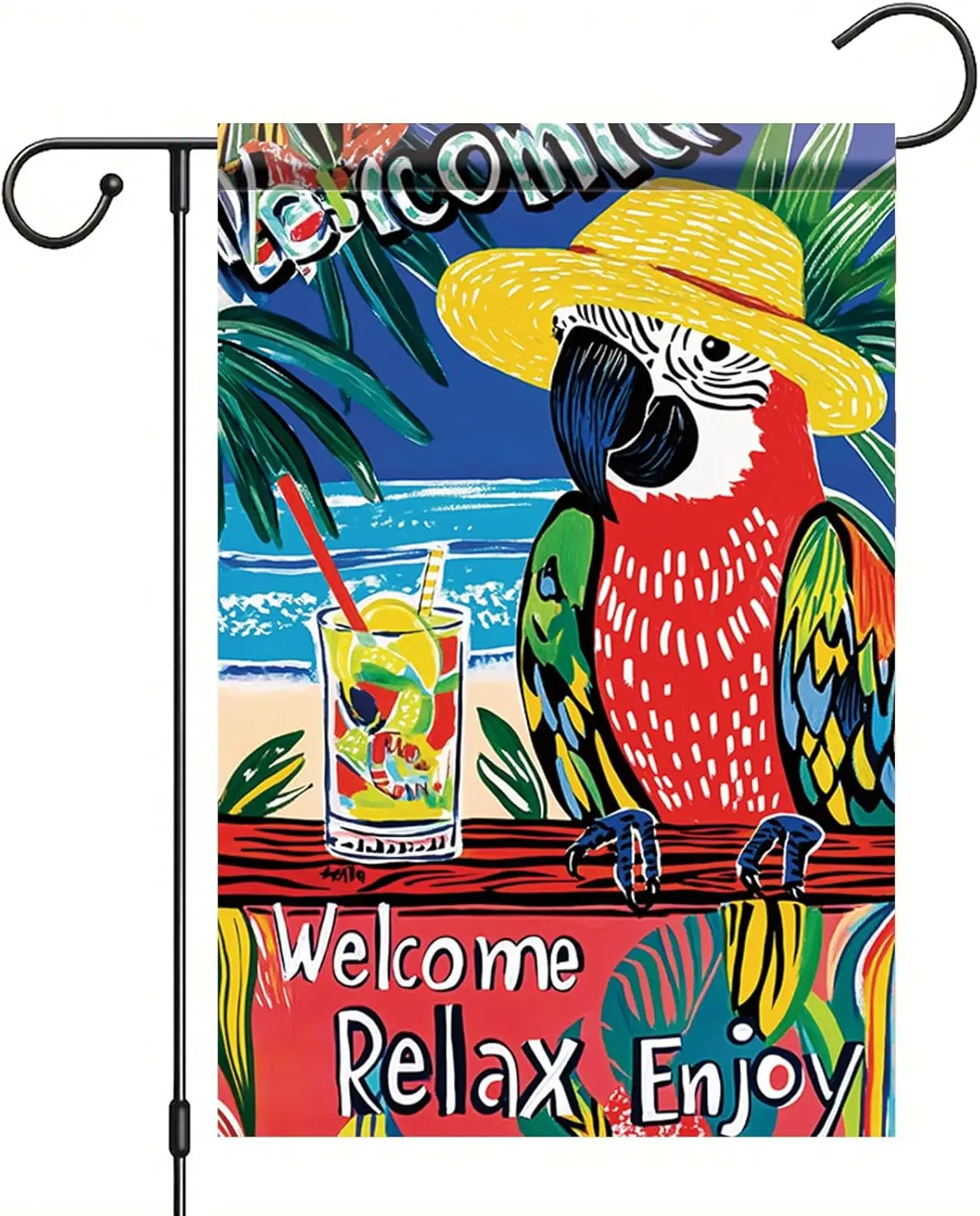 Starlit Patio Welcome Summer Parrot Bird Garden Flag 12x18 inch Double Sided Beach Coastal Tropical Palm Tree Yard Outside D LLO