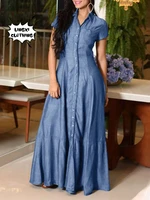 2023 moda nuevo vestido largo camisa cuello bolsillo grande Swing vestido Casual elegante temperamento vestido vaquero de un solo pecho