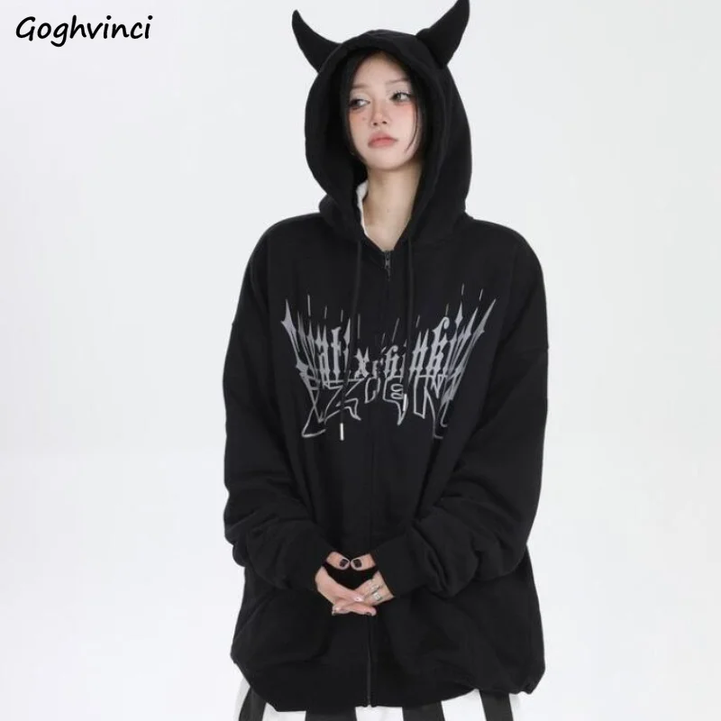 Hoodies Women High Street Chic Zipper Trendy Dark Academia Unique Korean Fashion Printed Casual All-match Hooded Popular Ins