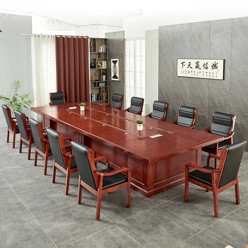 Großer Konferenztisch, chinesischer langer Verhandlungstisch, Bürotisch und Stuhl, Kombination aus lackiertem Massivholz, Leder, mobiles Büro