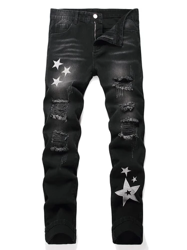 Pantalones vaqueros negros Y2K de tiro medio para hombre, pantalones de pierna recta con diseño de estrella plateada, ropa vaquera rasgada desgastada, ropa de calle masculina de Hip Hop