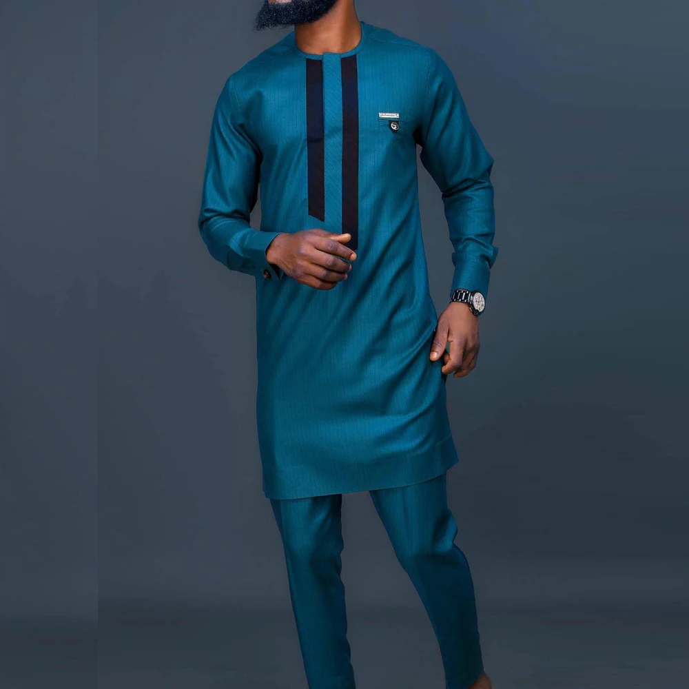 The New Summer Banquet Ethnic Wind Dashiki Men's Suit Unique Design Personality Flamboyant Long-Sleeved Top Pants Two-Piece Set