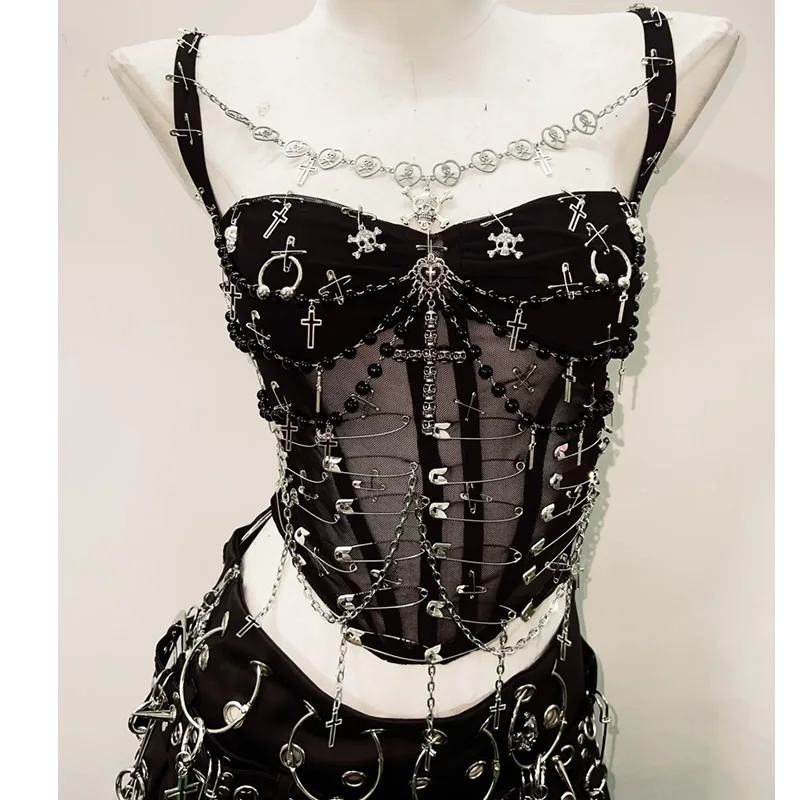 Tops vintage de calavera para niña, top corto y2k, camisetas sin mangas góticas Punk, camisetas sin mangas cruzadas, ropa gótica y2k, moda