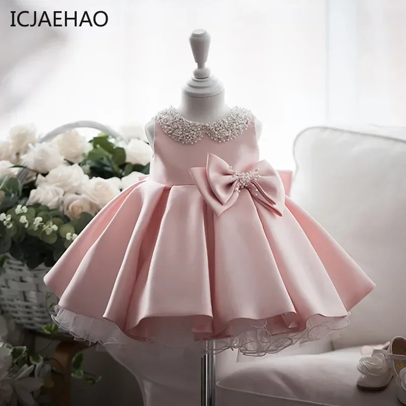 ICJAEHAO White Wedding Satin Princess Baby Girl Dress Bow 1 Year Birthday Evening Party Christening Dress Wednesday Costume Girl