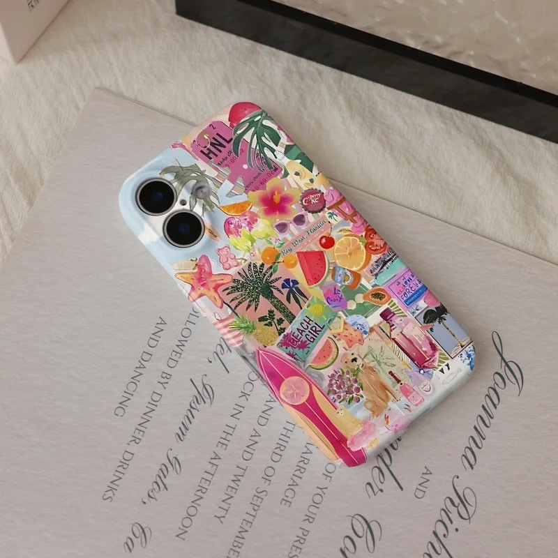 Ins Summer Adesivi con frutta colorata Custodia con motivo in marmo per IPHONE 16ProMax 15 14 13 12 11 PRO Custodie per telefoni due in uno in TPU acrilico