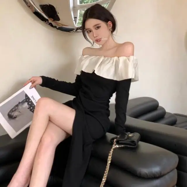 Color Blocked Ruffle Edge One Shoulder Dress Sexy Collarbone Exposed Dress High Waist Split One Step Hip Hugging Skirt for Women