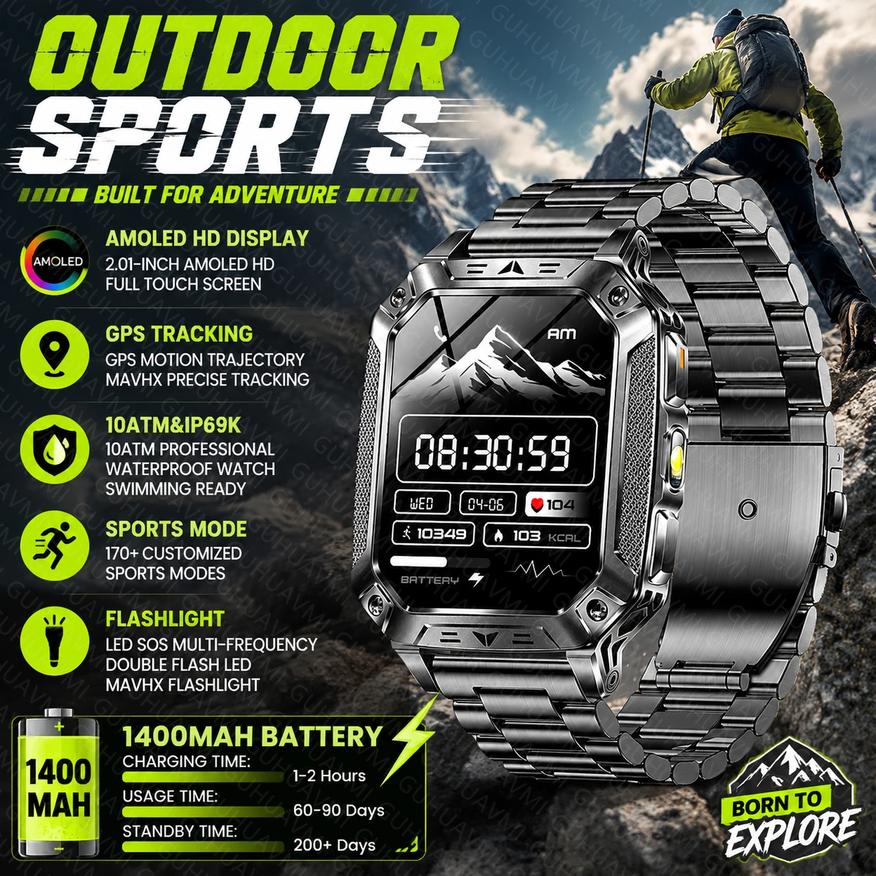 

New Original Outdoor Sports Men Smart Watch 1400mAh Battery GPS Flashlight 10ATM Waterproof Bluetooth Call AMOLED HD Smartwatch