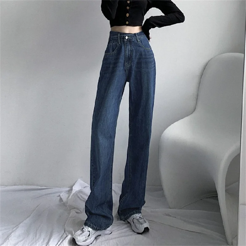 

2022 New Four Seasons Wear Black-Gray Blue Jeans Women High-Waist Straight Denim Casual Trousers Female Washed Long Jeans JH319