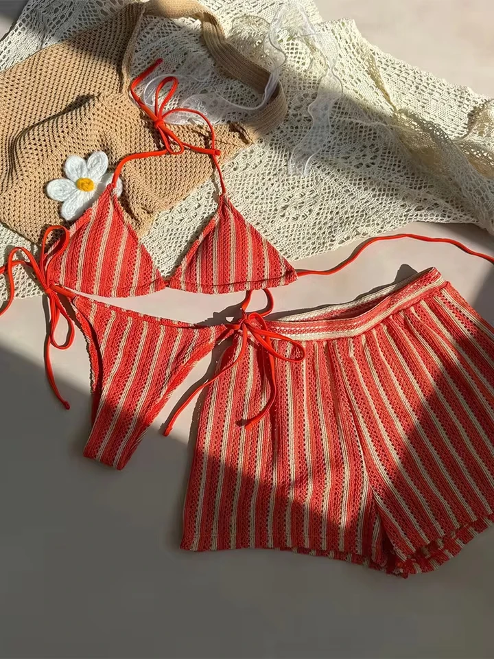 Vzvn 2026 Nuevo Traje de Baño para Todas las Temporadas, Bikini Sexy con Cordones y Rayas, Conjunto de Bikini para Mujer, Halter con Push-Up, Shorts de Cintura Alta, Traje de Baño de 3 Piezas