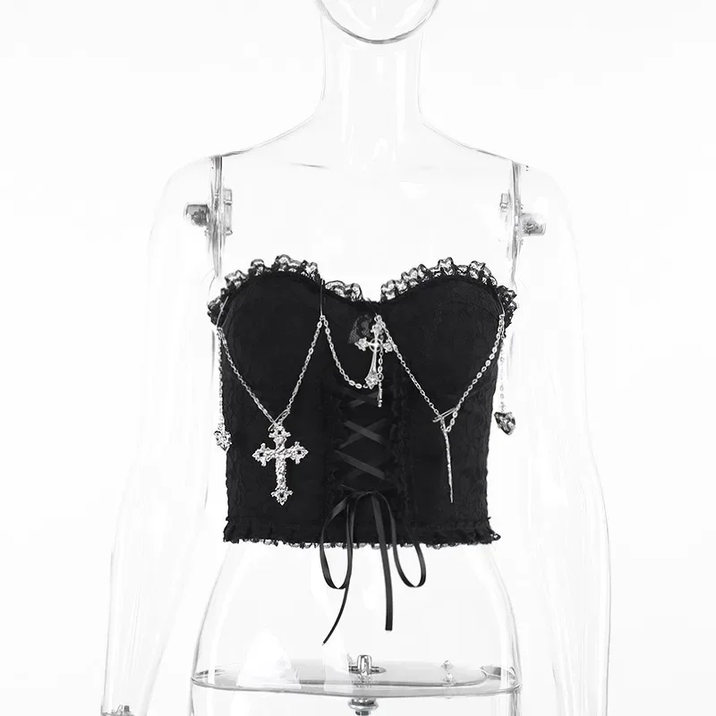 Gothic Punk Vest Women Dark Streetwear Harajuku Grunge Lace Patchwork Cross Chian Lace-up Croset Crop Tank Tops Female