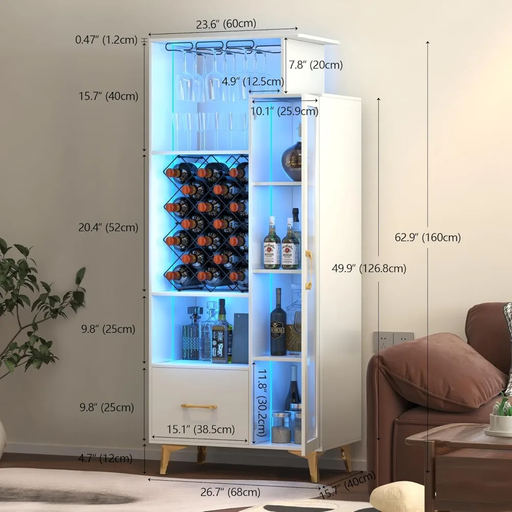 LED Liquor Wine Cabinet, Wine Bar Cabinet with USB Port, Bar Cabinets for 18 Bottle Wine Rack and 3 Glass Holder