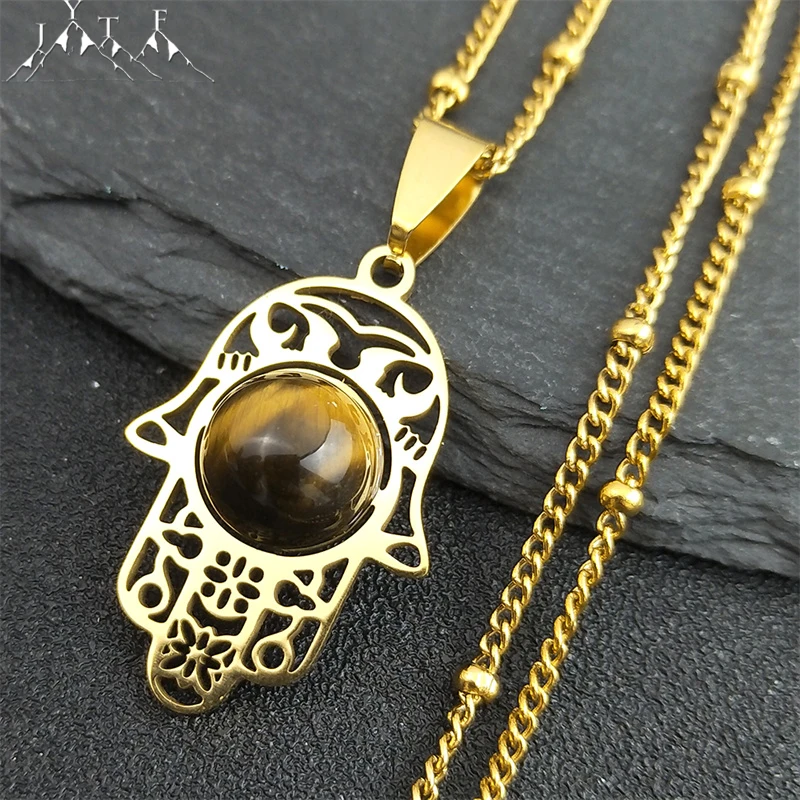 Islam Hamsa Hand Tiger's Eye Stone Necklaces Stainless Steel Women/Men Turkey Evil Eyes Necklace Jewelry Gifts collane N7028S05