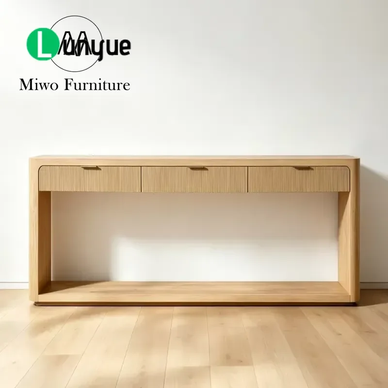 Modern Oak Wood Entrance Table with Drawers Front Groove Decoration Open Shelving Narrow Console for Hallway Living Room