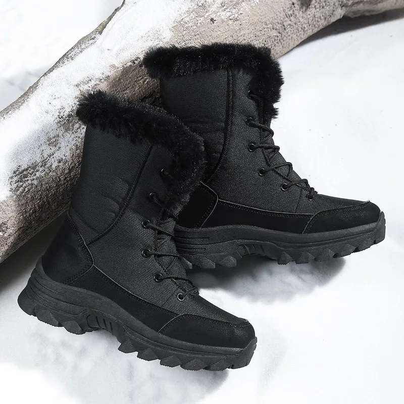 High Quality Ankle Length Leather Snow Boots for Women Lace Up New 2026 Winter 41 42 Fur Lining Warm Walking Shoe Black White