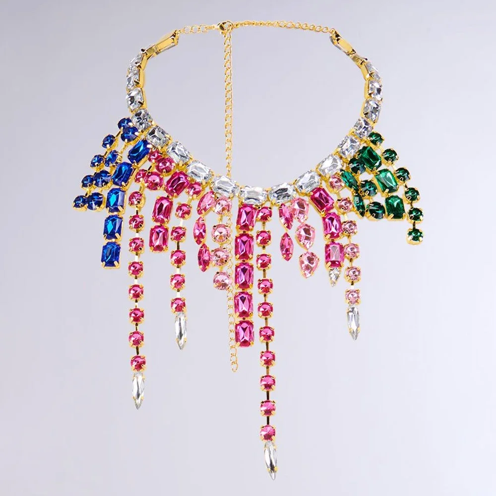 Exaggerated Colorful Crystal Tassel Choker Necklace Dress Jewelry Statement Square Rhinestone Clavicle Chain Collar for Women