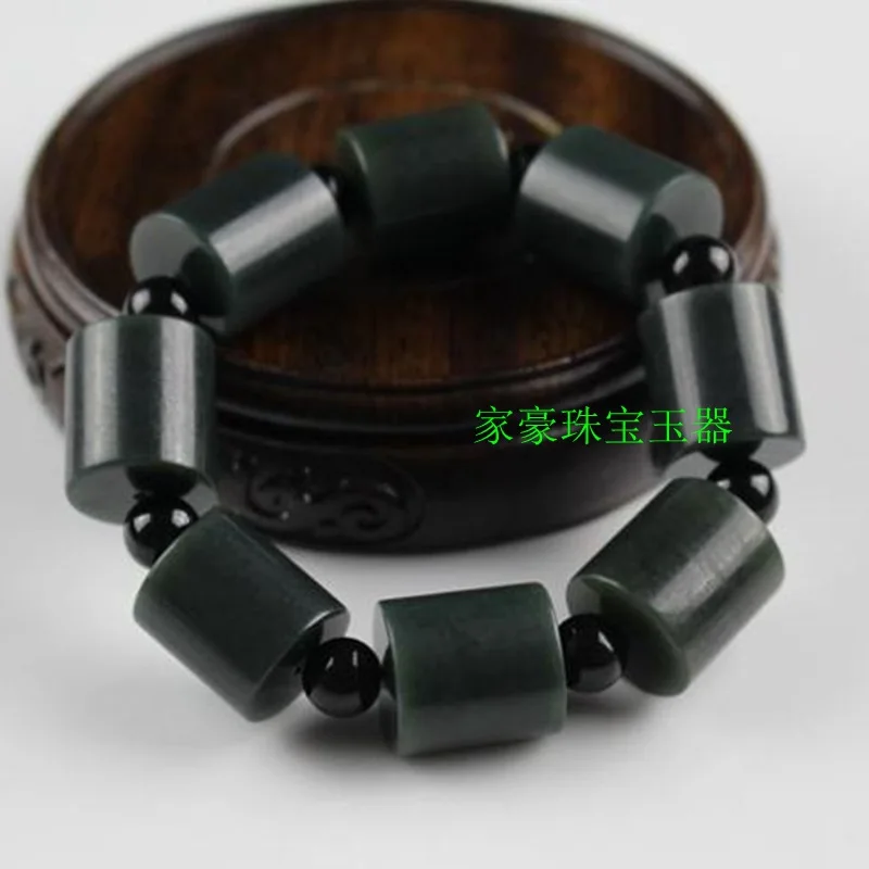 Xinjiang Hotan Jade Green Jade Barrel Bead Bracelet Men's and women's bracelets Lutu Tong Transfer Bead