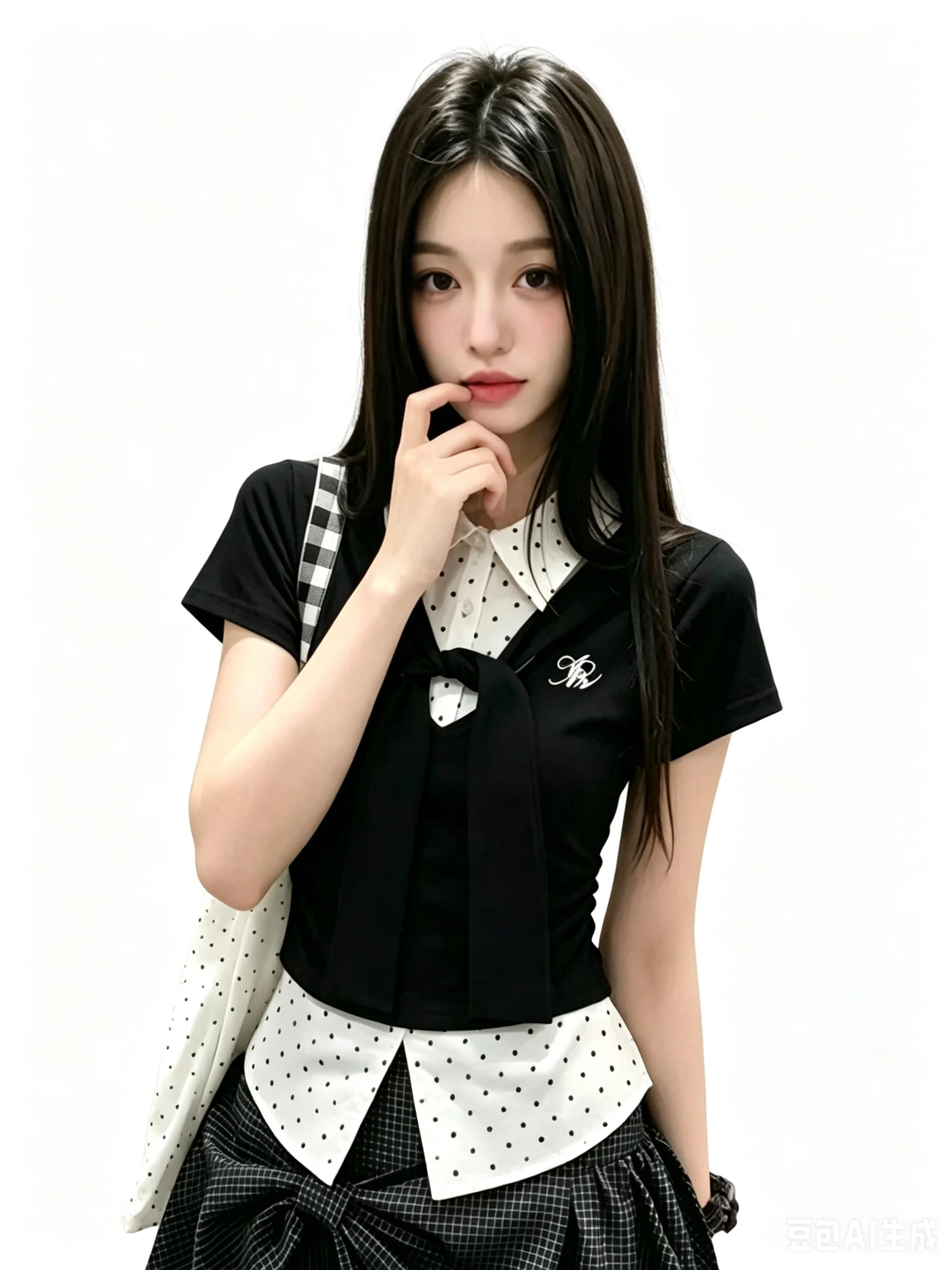 Campus Preppy Fake Two Piece Tee Polka Dot Collar Layer Hem Tie Shawl Side Ruched Slim Cropped Y2K Women Campus Short Sleeve Top