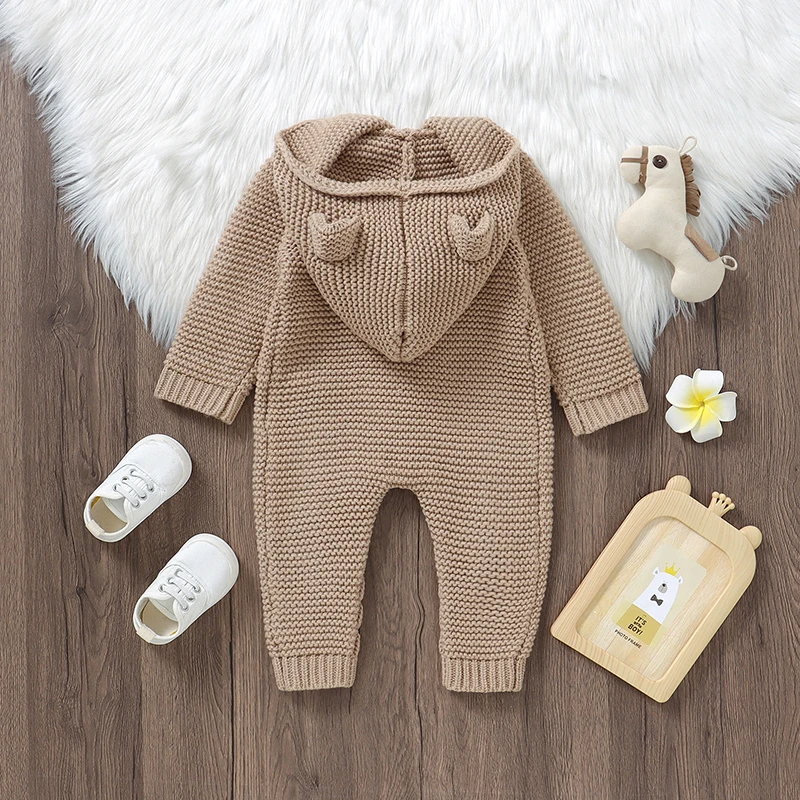 Autumn Baby Rompers Clothes Winter Solid Hooded Long Sleeve Knit Newborn Boys Girls Sweaters Jumpsuits 0-18m Infant Netural Wear