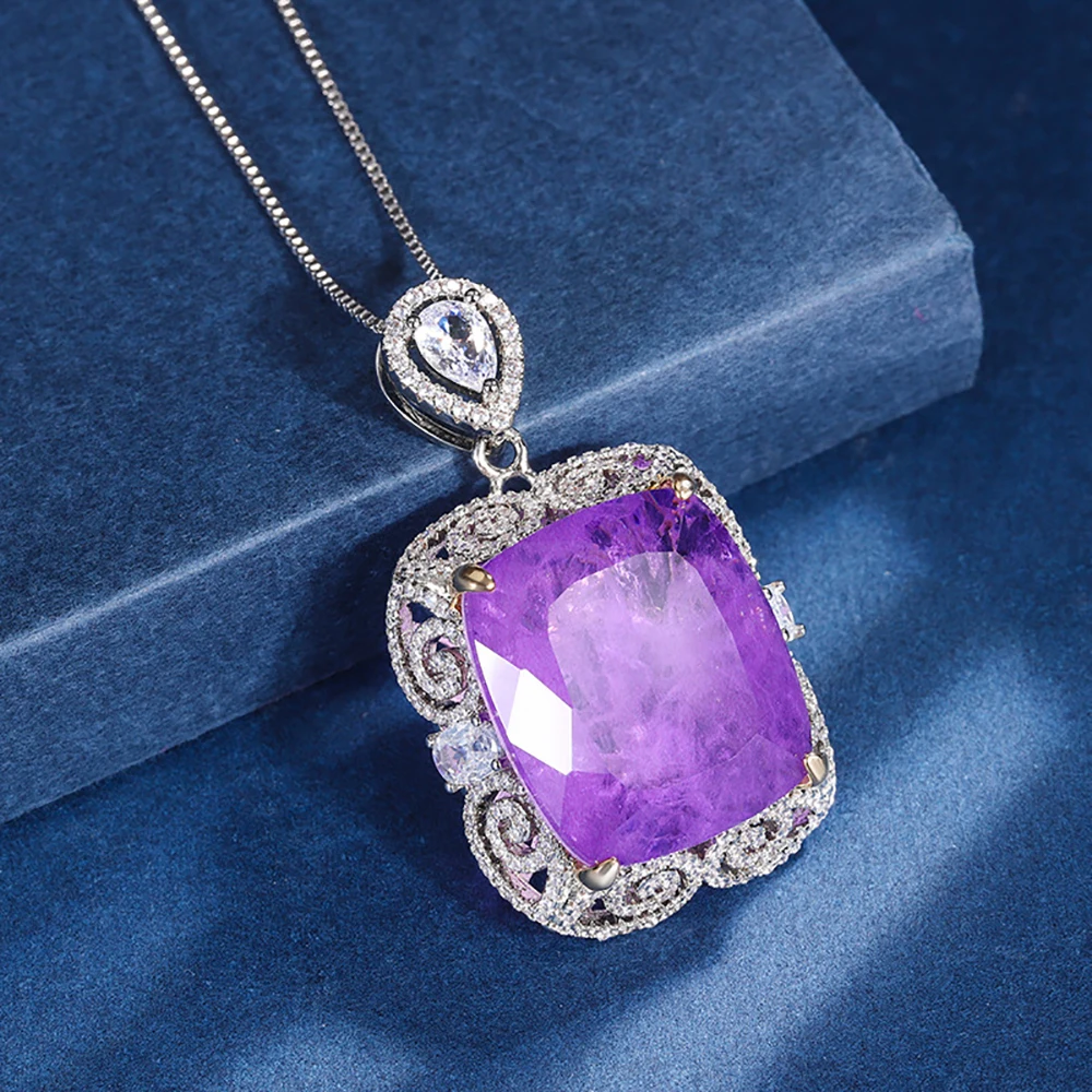 Luxury Vintage 20*23mm Amethyst Pendant Chain Necklace for Women Lab Diamond Cocktail Party Fine Jewelry Accessories Female Gift