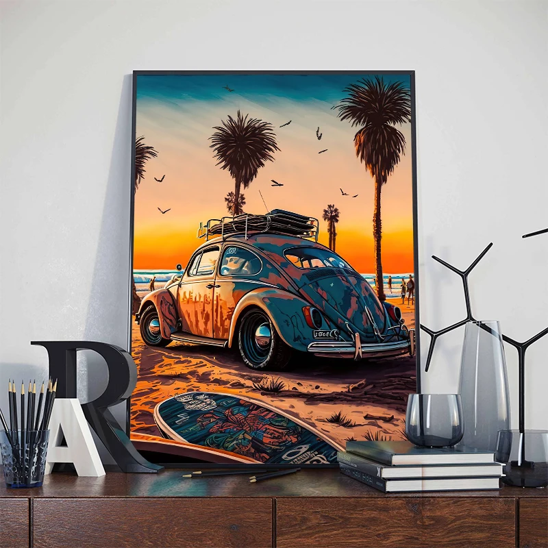 Beetle Car Coastal Beach Sunrise Landscape Posters and Prints Canvas Painting Wall Art Picture for Living Room Home Decoration