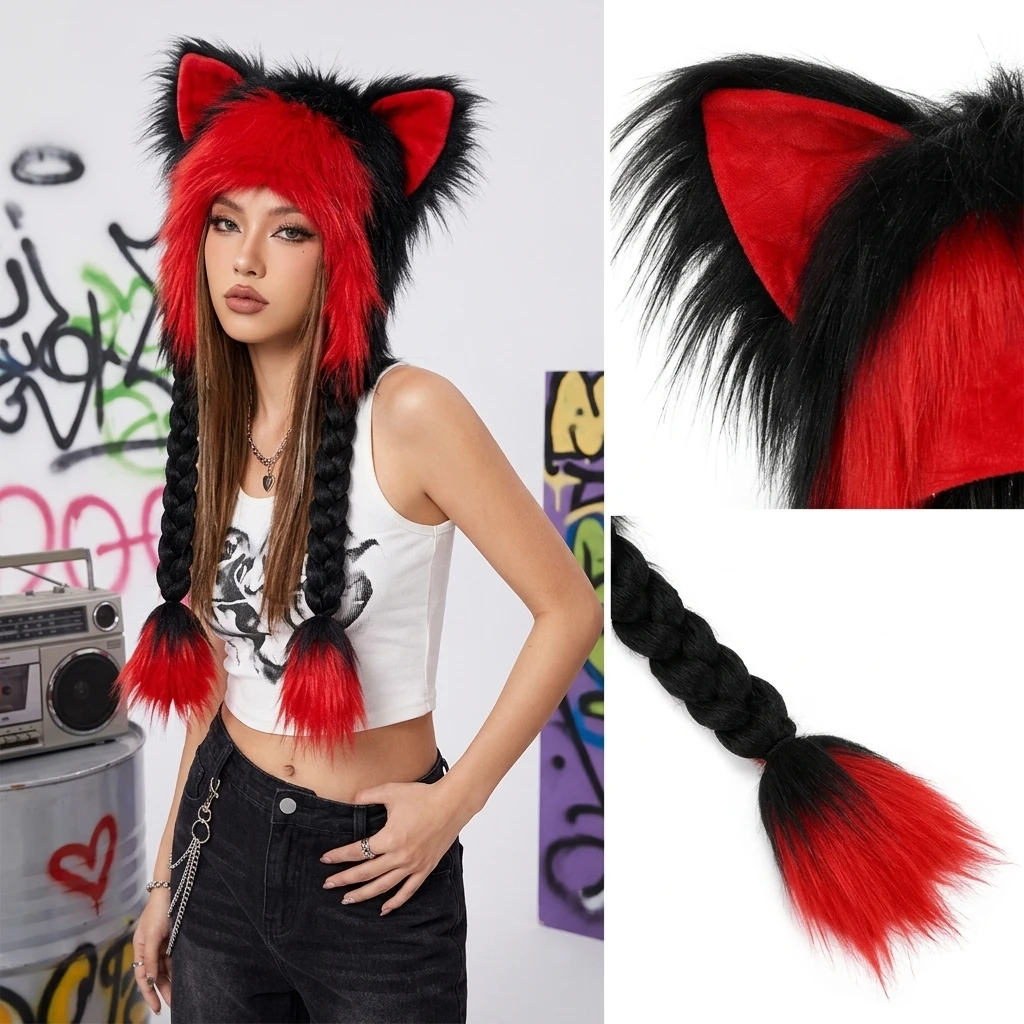 Y2K Cat Ears Hat Kawaii Long Plush Fox Ear Double Braid Fashion Versatile Anime Fall and Winter Cap Halloween Dress Up Headwears