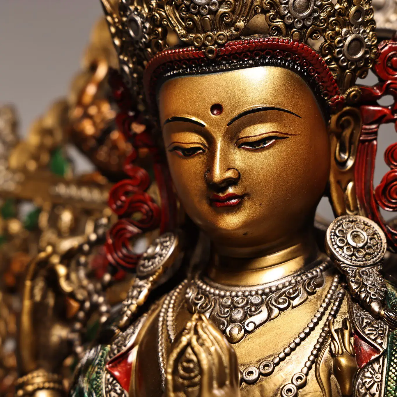 Tibetan Old Copper Painted Gold Highlight Four-Armed Guanyin Statue Serene Face Heavy Patina Fine Craft