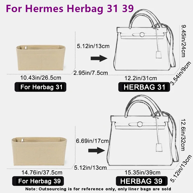 Bag Organizer Felt Liner Pocket Accessory For Hermes Herbag 31 39 Handbag Durable Lining Storage Sorting Bag Support Inner Part