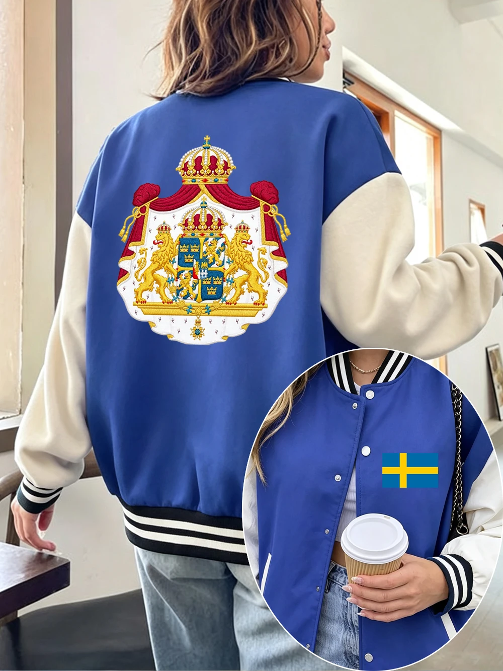 Sweden Embroidery Prints Coats Womens Winter Fleece Warm Cotton Baseball Jersey Casual Pocket Jackets Street Loose Woman Clothes