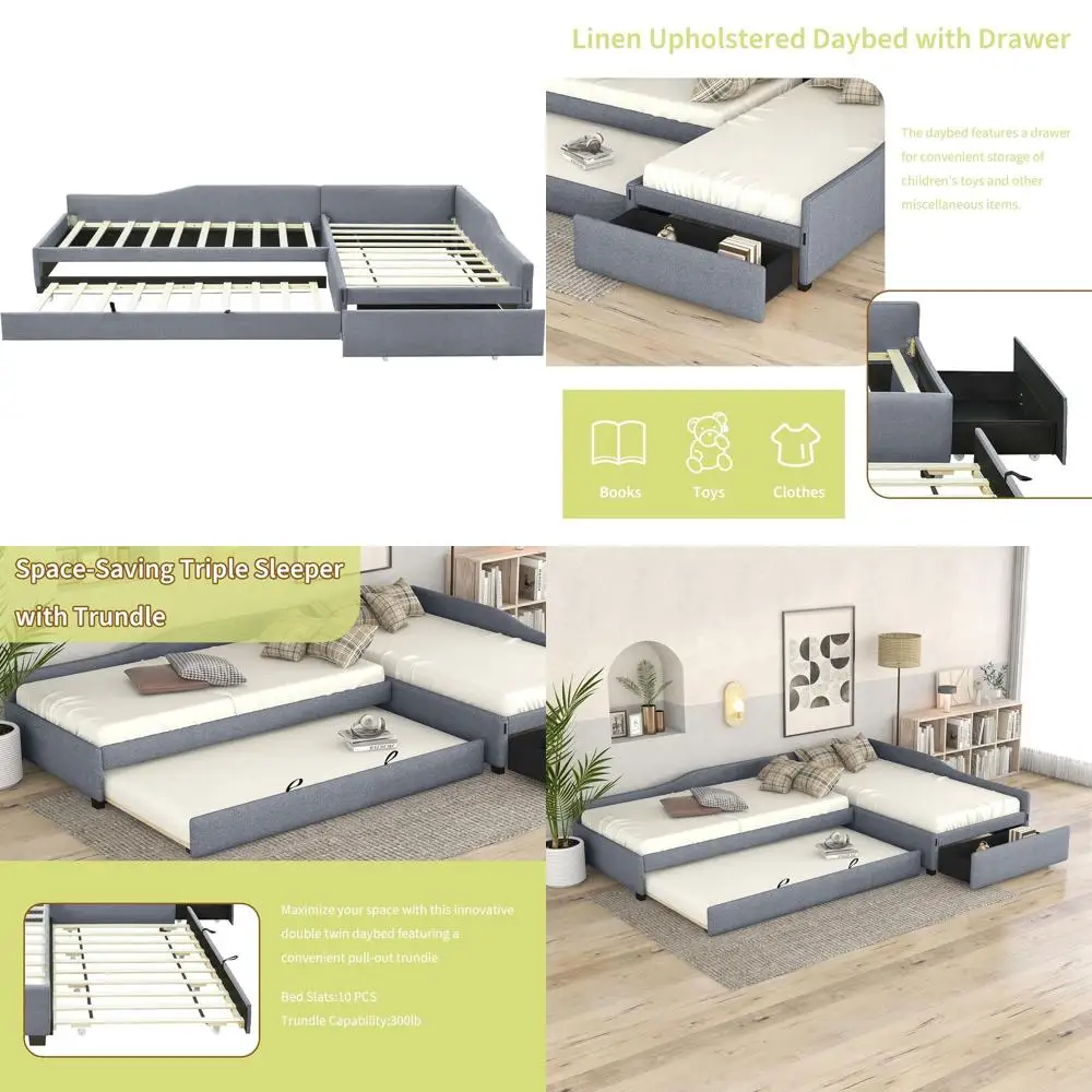 

Двуспальная кровать-софа L-образной формы с выдвижным спальным местом и местом для хранения вещей для детей, серая