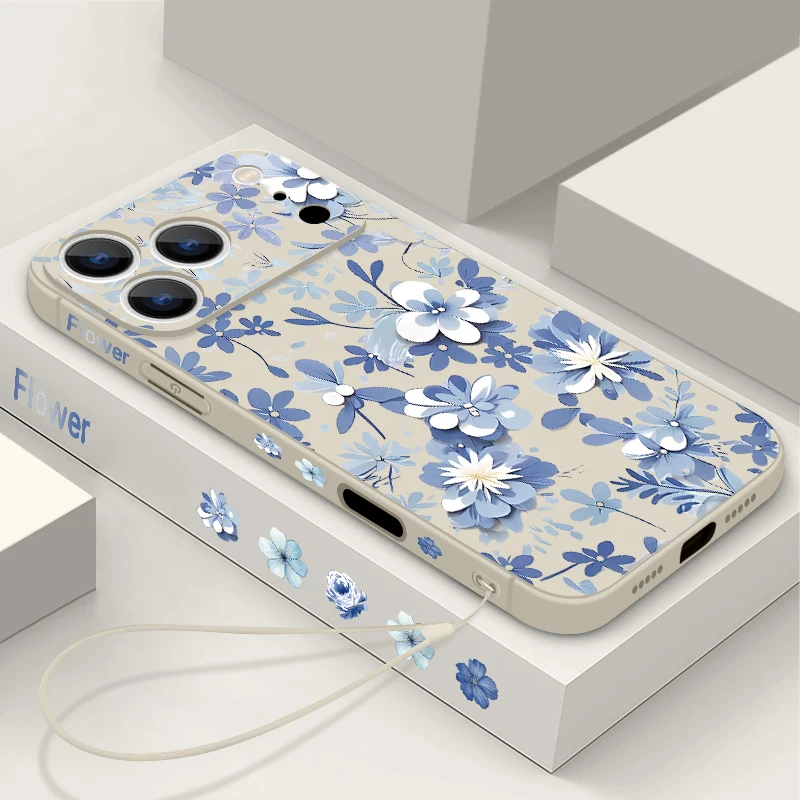 Phone Case For iPhone 17 Pro Max Blue and white Flower Pattern Lanyard Cover For Funda iPhone 16 Pro Max 15 14 13 12 11 16e Air