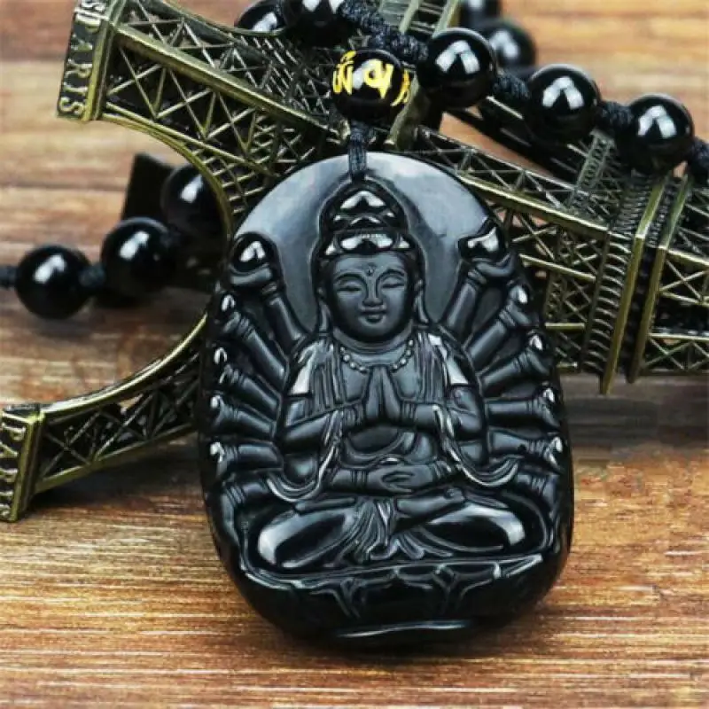 Obsidian Avalokitesvara Buddha Pendant Necklace Charm Blessing Gift Sweater