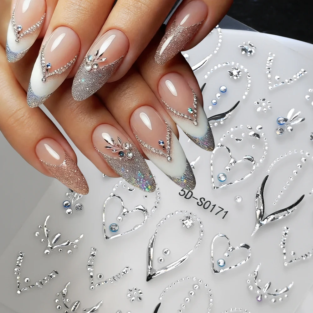 New Sliver French Line With Rhinestone Nail Sticker 5D Embossed Luxury Heart V-shaped French Border Line Nail Decals For Wedding