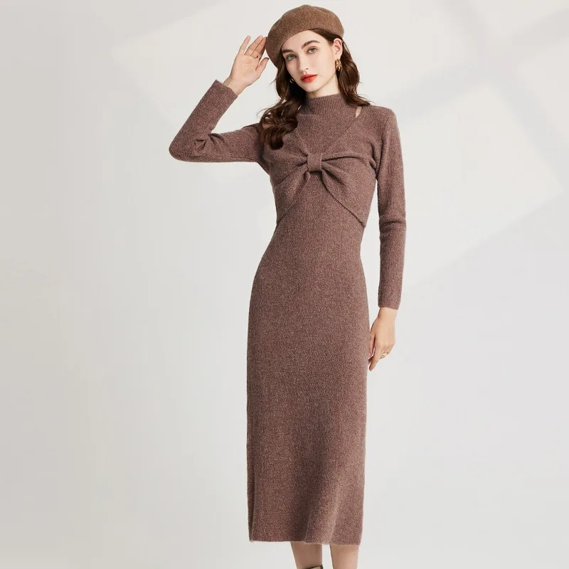 

Fashion Thickened Bow Half Turtleneck Bottom Knit Sweater Vest Dress Two-piece Set
