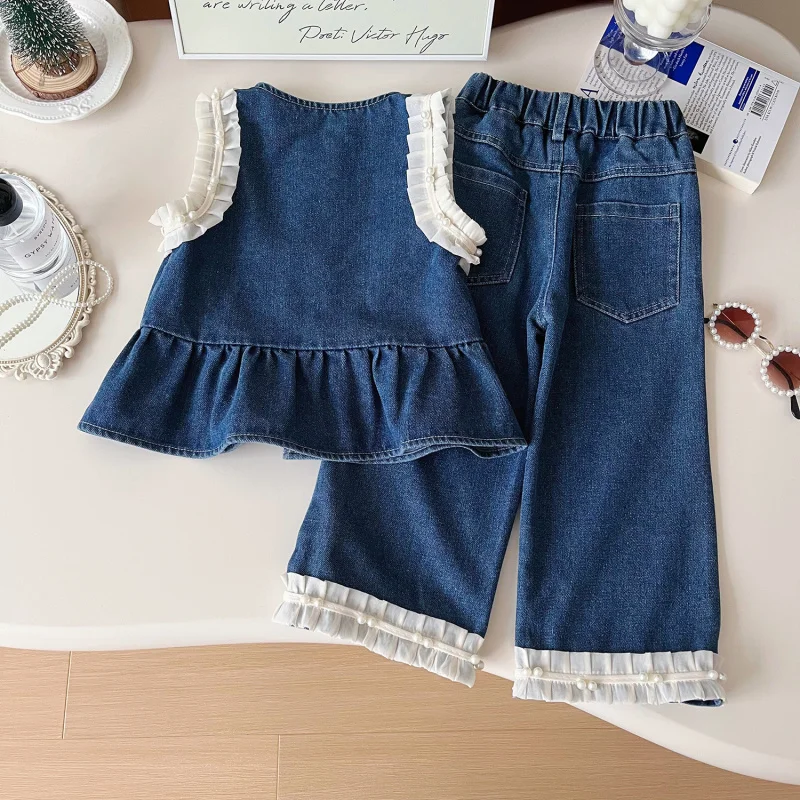 

Girls' Stylish Denim Casual Set Autumn New Children's Vest Wide-Leg Pants Internet Celebrity Kids' Clothing