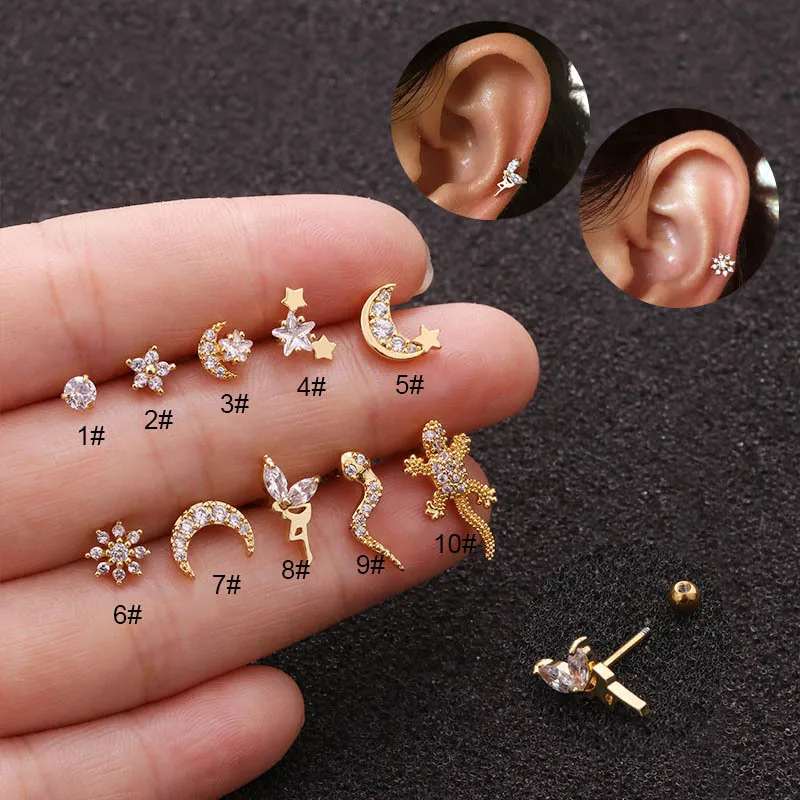 

40pcs Fashion Ears Stud Moon Star Stainless Steel Thin Rod Screw Zircon Cartilage Clear Zircon Earrings for Women