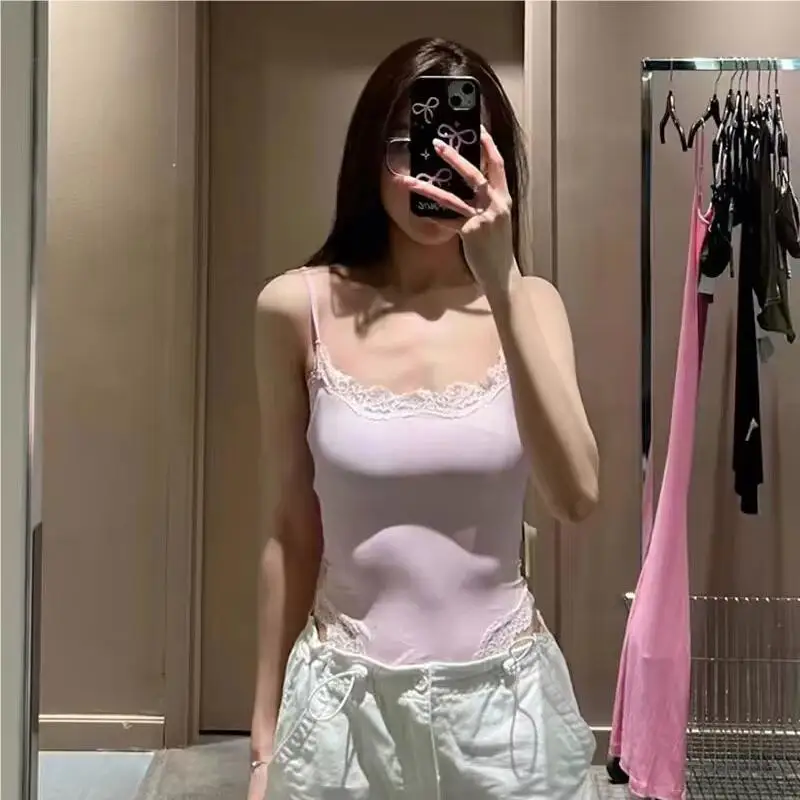 Sexy Bodysuit Tops For Women 2025 Summer Y2k Clothes Lace Panel BodySuits Women Solid Color Cami Bodysuit Backless Lace Top Pink image 2