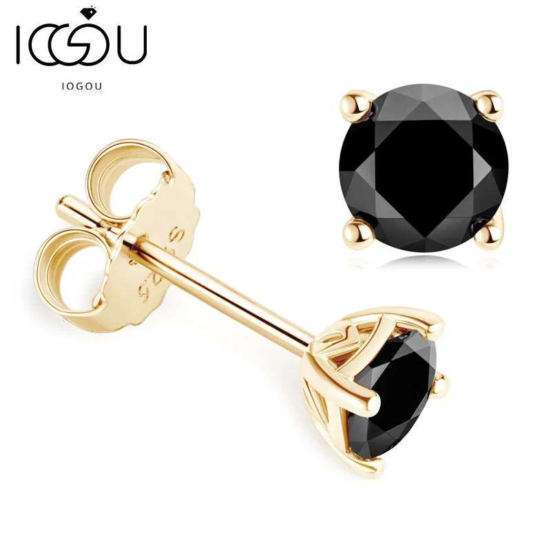 IOGOU 2023 Trend 5mm Moissanite Black Earrings Studs for Men Women Silver 925 Yellow Gold Earring Four Prong Round Moissanite