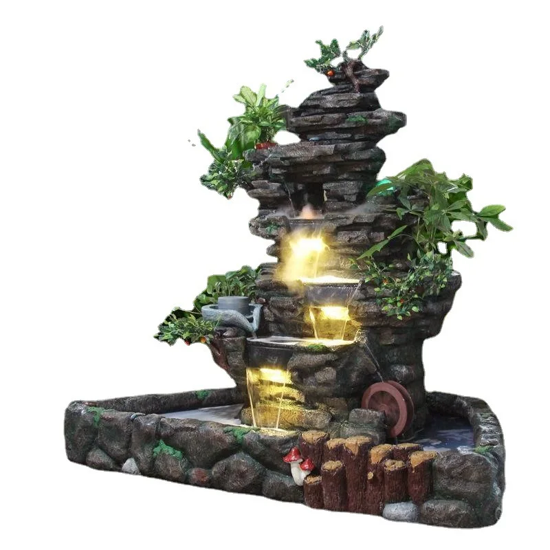 Floor-to-ceiling rockery, flowing water fountain ornament, feng shui wheel, fish pond, living room decoration