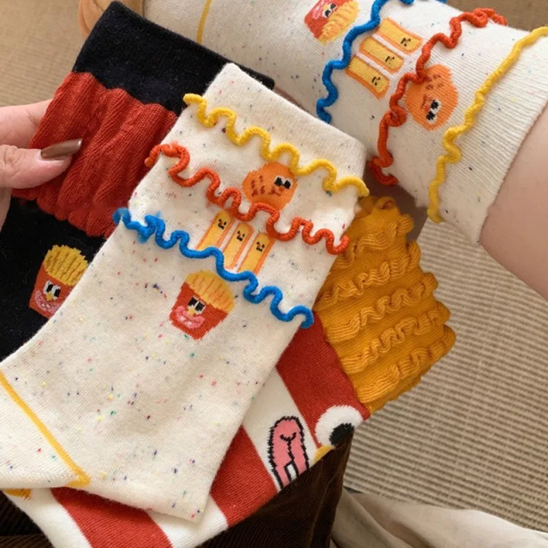 2 Pairs Women's Cartoon Socks Fashion Fries Design Sock Women Funny Crew Socks Cute Cartoon Ugly-cute for Autumn Long Socks