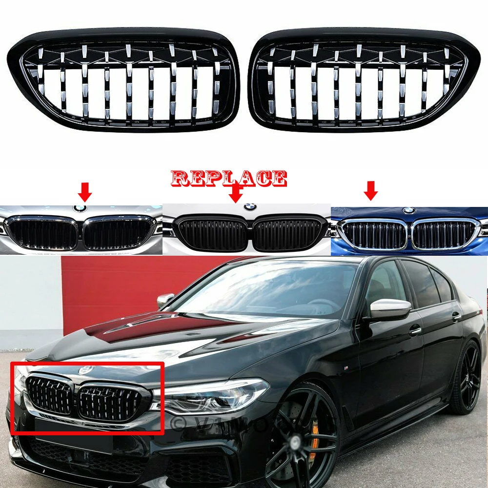 1 Pair Fit 17-20 BMW 5 Series G30 Base Sedan G31 Wagon Modified Upgraded Diamond Grill Grille Front Kidney Stripe Glossy