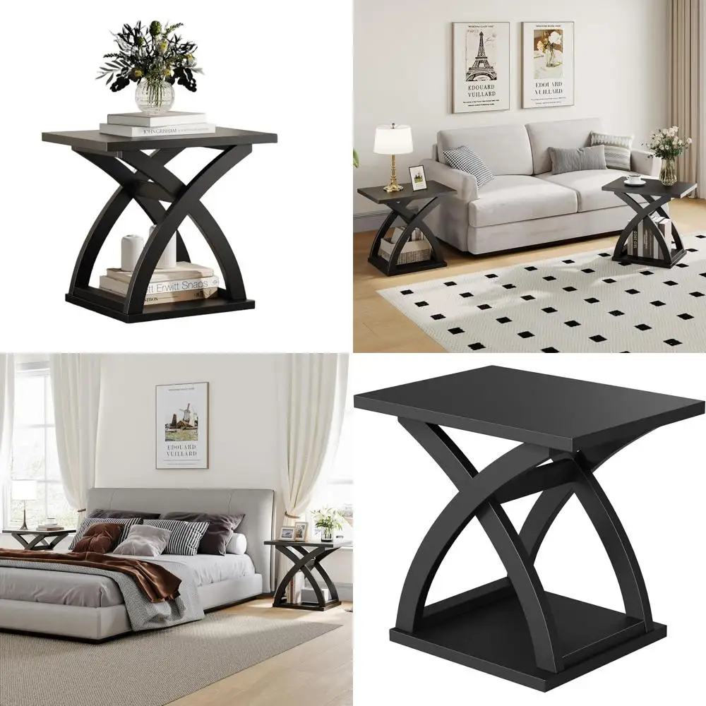 

Contemporary Storage Shelf End Table with X-Frame Design for Living Room in Black