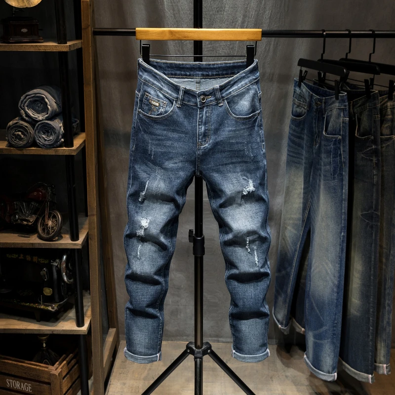 2026 Autumn and Winter New Men's Jeans Small Straight Stretch Retro Ripped Trousers Fashion Quality Men's Wear