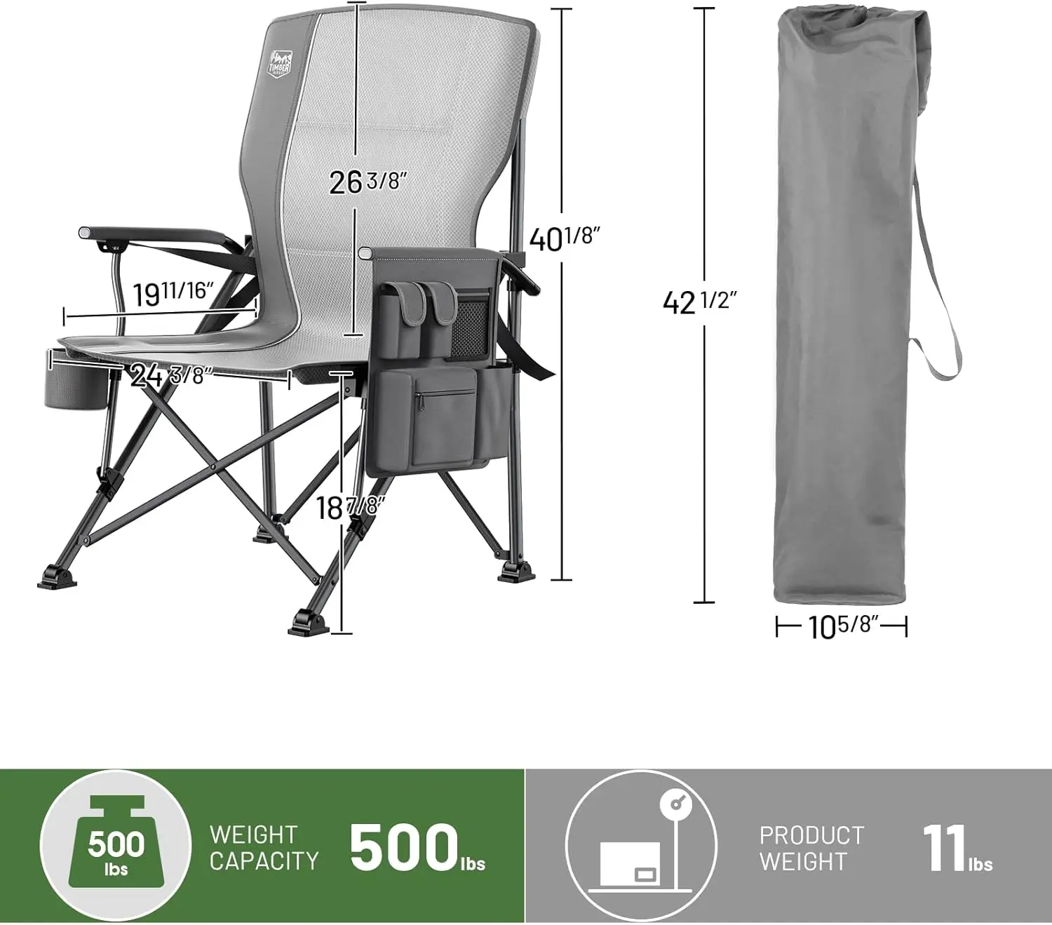 Oversized Folding Camping Chair with Lumbar Support Adjustable High Back Heavy Duty for Adults Aluminum Support up