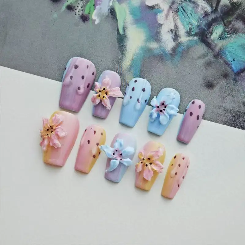 

10Pcs Summer Handmade Nails Oil Painting Style Elegant Fake Nail Tips with 3D Flower Decoration Removable Acrylic False Nails