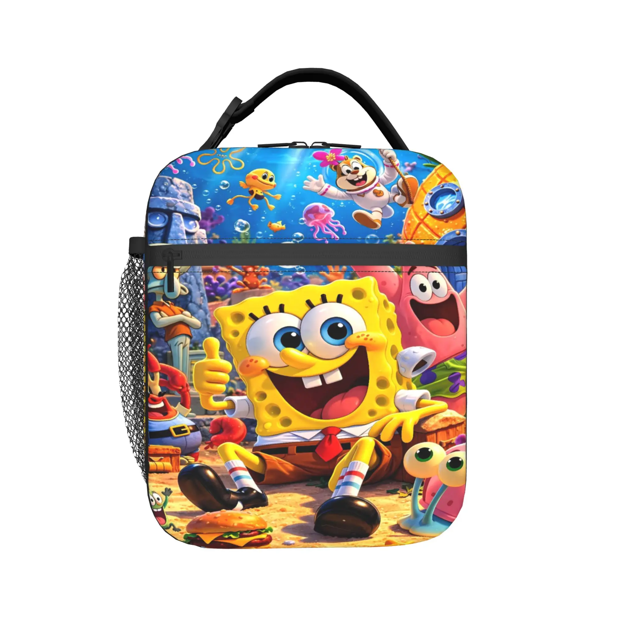 S-SpongeBobed Summer Beach Group Scene Lunch Bag Cute Travel Lunch Box Print Portable Zipper Thermal Lunch Bags